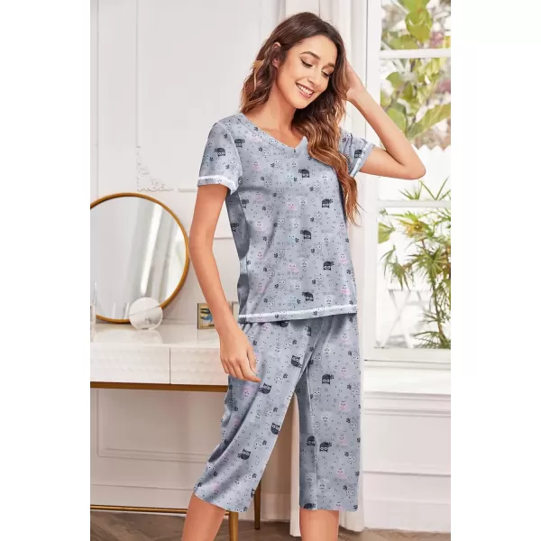 imageEkouaer Womens Pajama Set 2 Piece Short Sleeve Capri Pj Sets V Neck Loungewear Sleepwear with Pockets S3XLCats