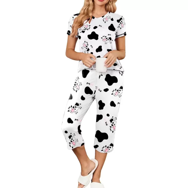 imageEkouaer Womens Pajama Set 2 Piece Short Sleeve Capri Pj Sets V Neck Loungewear Sleepwear with Pockets S3XLCows