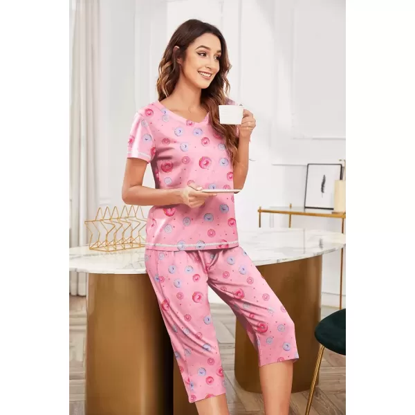 imageEkouaer Womens Pajama Set 2 Piece Short Sleeve Capri Pj Sets V Neck Loungewear Sleepwear with Pockets S3XLDonut