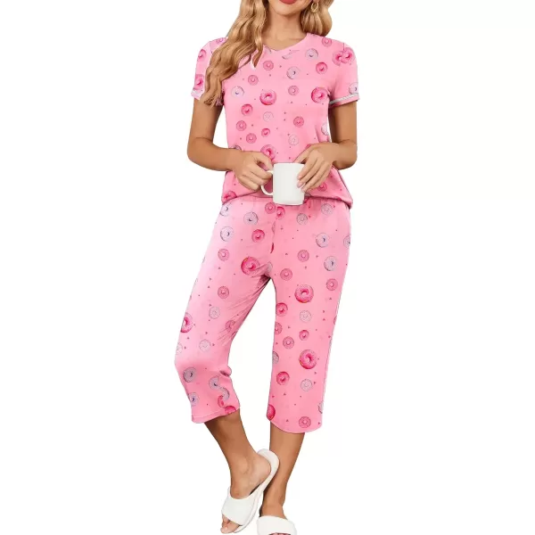 imageEkouaer Womens Pajama Set 2 Piece Short Sleeve Capri Pj Sets V Neck Loungewear Sleepwear with Pockets S3XLDonut