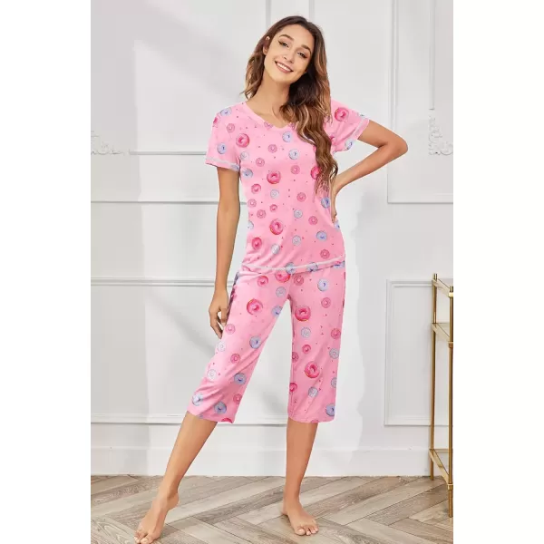 imageEkouaer Womens Pajama Set 2 Piece Short Sleeve Capri Pj Sets V Neck Loungewear Sleepwear with Pockets S3XLDonut