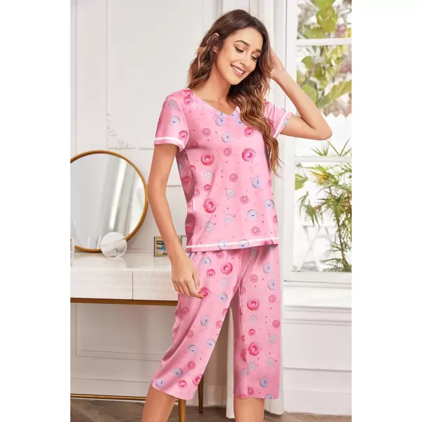 imageEkouaer Womens Pajama Set 2 Piece Short Sleeve Capri Pj Sets V Neck Loungewear Sleepwear with Pockets S3XLDonut