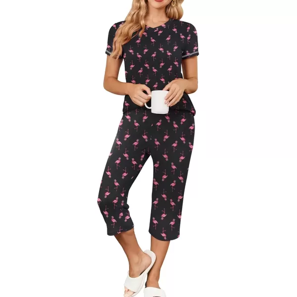 imageEkouaer Womens Pajama Set 2 Piece Short Sleeve Capri Pj Sets V Neck Loungewear Sleepwear with Pockets S3XLFlamingo