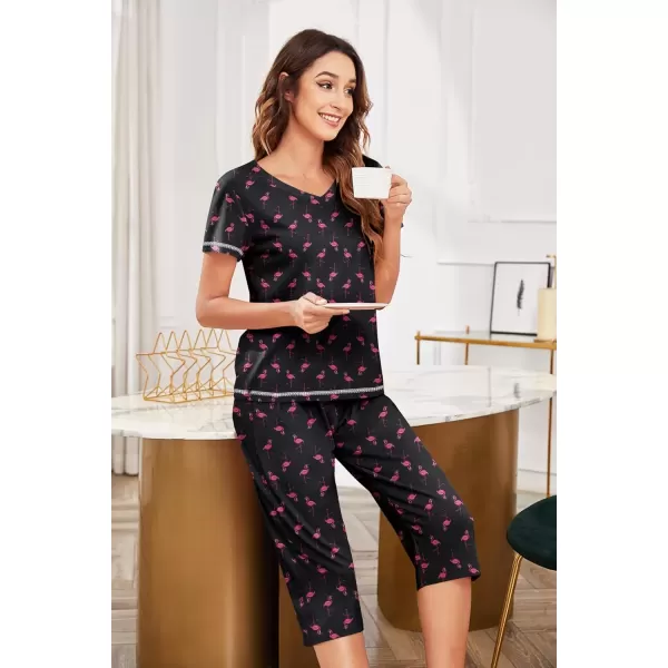 imageEkouaer Womens Pajama Set 2 Piece Short Sleeve Capri Pj Sets V Neck Loungewear Sleepwear with Pockets S3XLFlamingo