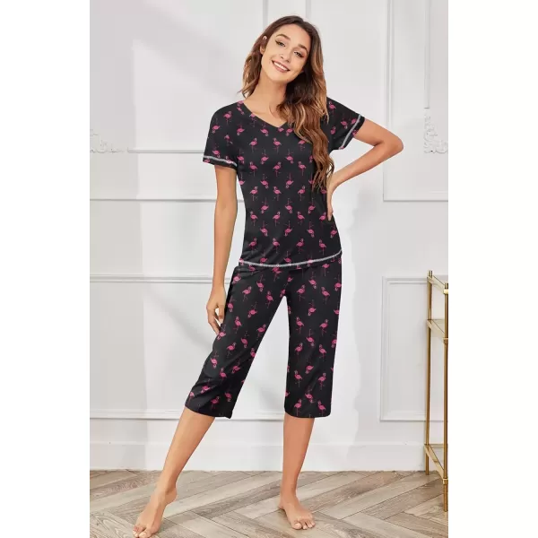 imageEkouaer Womens Pajama Set 2 Piece Short Sleeve Capri Pj Sets V Neck Loungewear Sleepwear with Pockets S3XLFlamingo