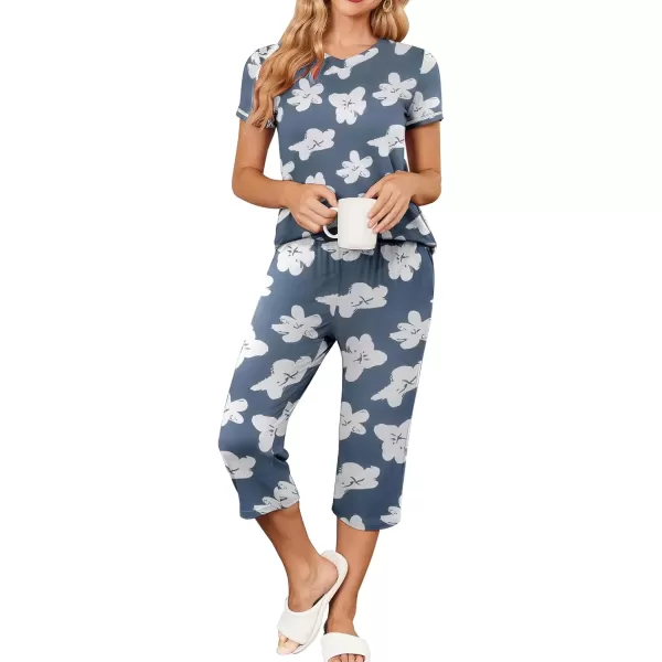 imageEkouaer Womens Pajama Set 2 Piece Short Sleeve Capri Pj Sets V Neck Loungewear Sleepwear with Pockets S3XLGray White