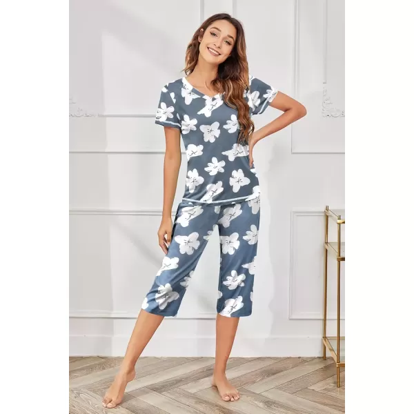 imageEkouaer Womens Pajama Set 2 Piece Short Sleeve Capri Pj Sets V Neck Loungewear Sleepwear with Pockets S3XLGray White