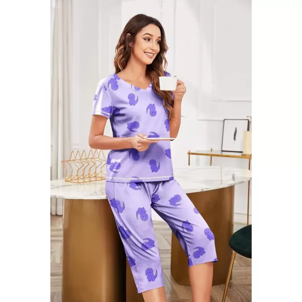 imageEkouaer Womens Pajama Set 2 Piece Short Sleeve Capri Pj Sets V Neck Loungewear Sleepwear with Pockets S3XLLittle Dinosaurs