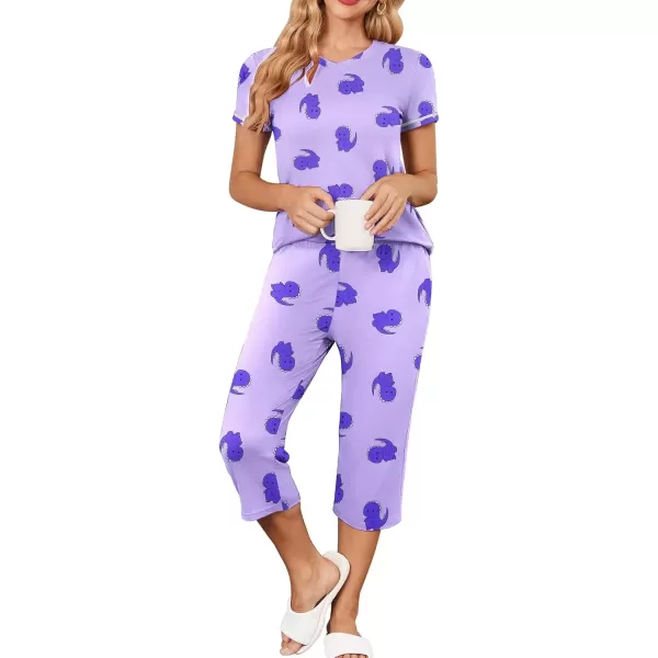 imageEkouaer Womens Pajama Set 2 Piece Short Sleeve Capri Pj Sets V Neck Loungewear Sleepwear with Pockets S3XLLittle Dinosaurs