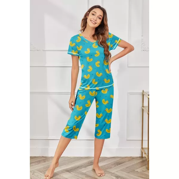 imageEkouaer Womens Pajama Set 2 Piece Short Sleeve Capri Pj Sets V Neck Loungewear Sleepwear with Pockets S3XLLittle Yellow Duck