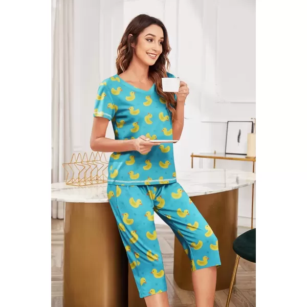 imageEkouaer Womens Pajama Set 2 Piece Short Sleeve Capri Pj Sets V Neck Loungewear Sleepwear with Pockets S3XLLittle Yellow Duck