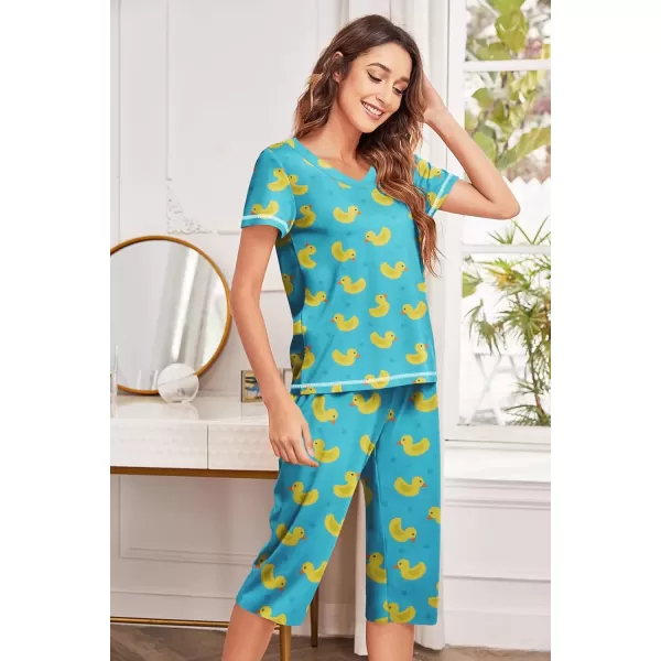 imageEkouaer Womens Pajama Set 2 Piece Short Sleeve Capri Pj Sets V Neck Loungewear Sleepwear with Pockets S3XLLittle Yellow Duck