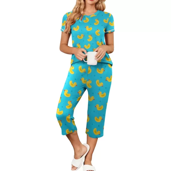 imageEkouaer Womens Pajama Set 2 Piece Short Sleeve Capri Pj Sets V Neck Loungewear Sleepwear with Pockets S3XLLittle Yellow Duck