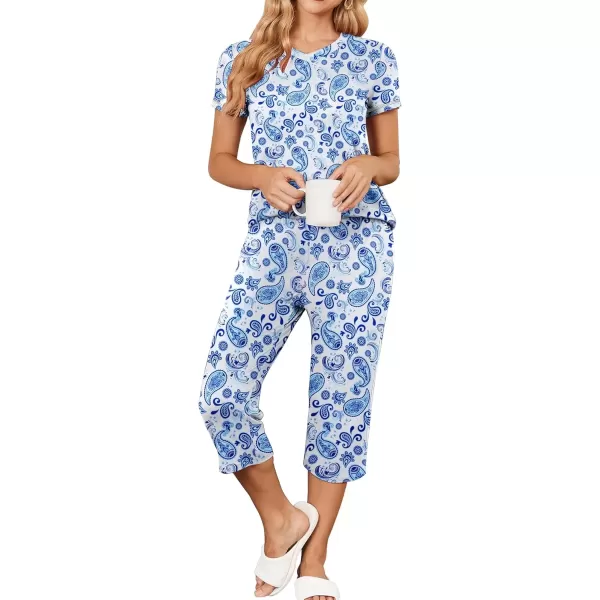 imageEkouaer Womens Pajama Set 2 Piece Short Sleeve Capri Pj Sets V Neck Loungewear Sleepwear with Pockets S3XLMandala Cashew Nut Flower