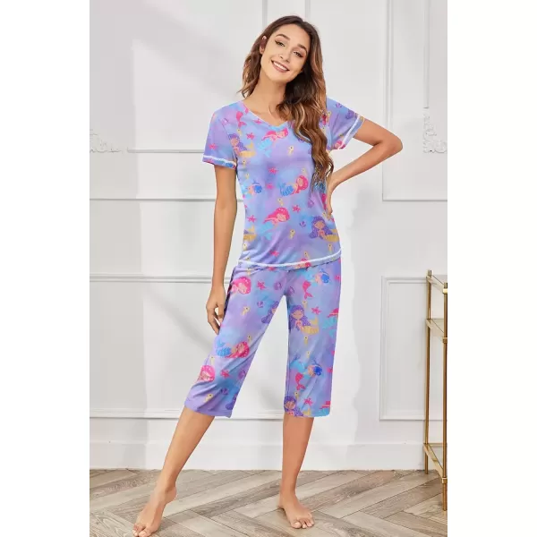 imageEkouaer Womens Pajama Set 2 Piece Short Sleeve Capri Pj Sets V Neck Loungewear Sleepwear with Pockets S3XLMermaid