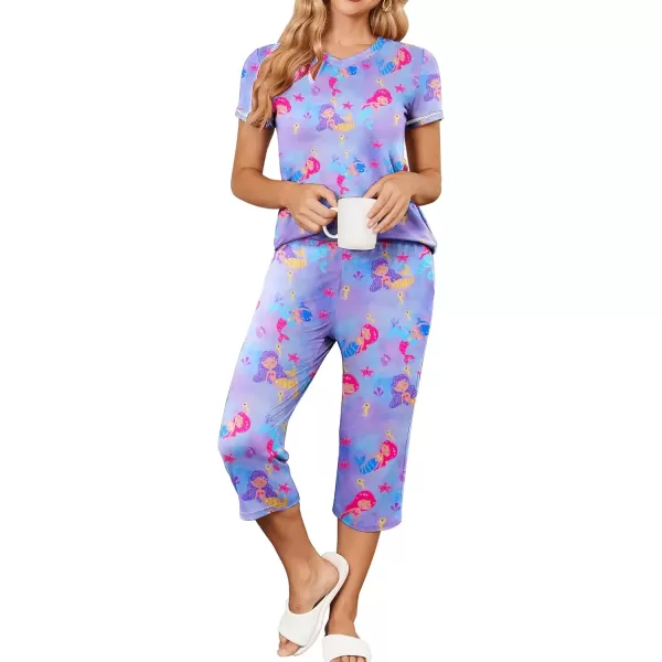 imageEkouaer Womens Pajama Set 2 Piece Short Sleeve Capri Pj Sets V Neck Loungewear Sleepwear with Pockets S3XLMermaid