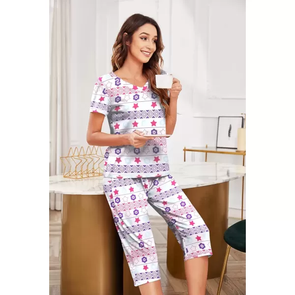 imageEkouaer Womens Pajama Set 2 Piece Short Sleeve Capri Pj Sets V Neck Loungewear Sleepwear with Pockets S3XLPentagram Flower