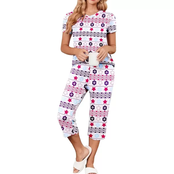 imageEkouaer Womens Pajama Set 2 Piece Short Sleeve Capri Pj Sets V Neck Loungewear Sleepwear with Pockets S3XLPentagram Flower