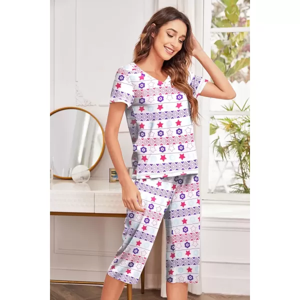 imageEkouaer Womens Pajama Set 2 Piece Short Sleeve Capri Pj Sets V Neck Loungewear Sleepwear with Pockets S3XLPentagram Flower