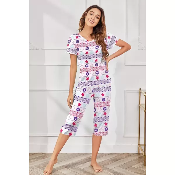 imageEkouaer Womens Pajama Set 2 Piece Short Sleeve Capri Pj Sets V Neck Loungewear Sleepwear with Pockets S3XLPentagram Flower