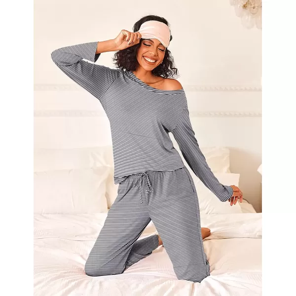 imageEkouaer Womens Pajama Sets 2 Piece Pjs Sleepwear Soft Comfy Loungewear Long Sleeve Pullover Top and Pants SXXLBlack Stripe