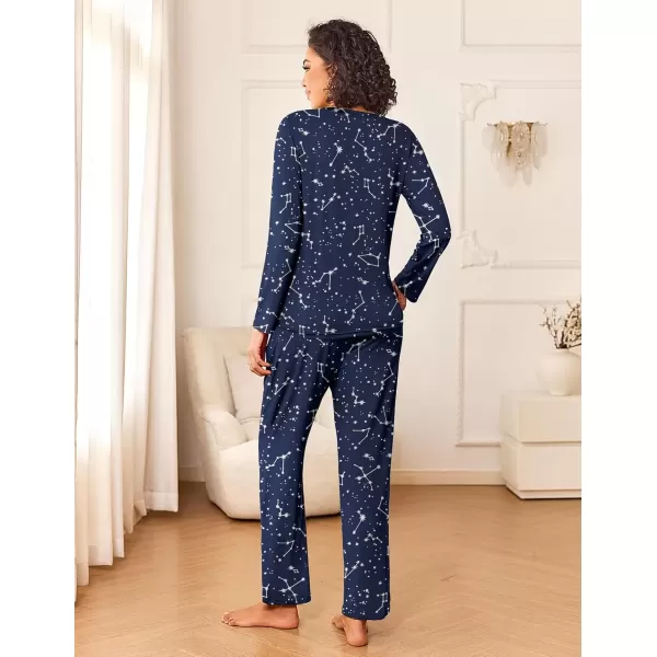 imageEkouaer Womens Pajama Sets 2 Piece Pjs Sleepwear Soft Comfy Loungewear Long Sleeve Pullover Top and Pants SXXLNavy Blue Star