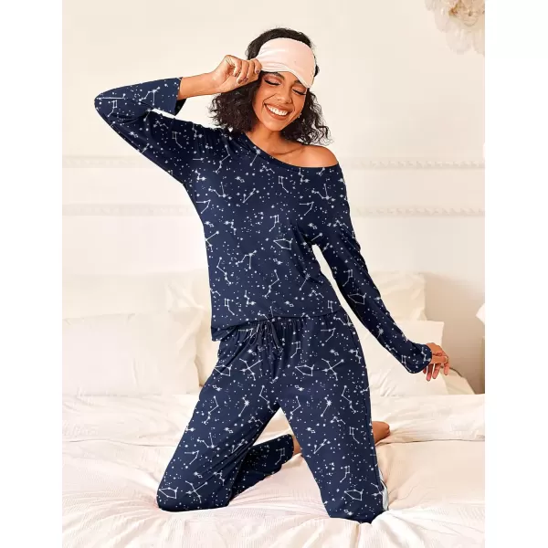 imageEkouaer Womens Pajama Sets 2 Piece Pjs Sleepwear Soft Comfy Loungewear Long Sleeve Pullover Top and Pants SXXLNavy Blue Star