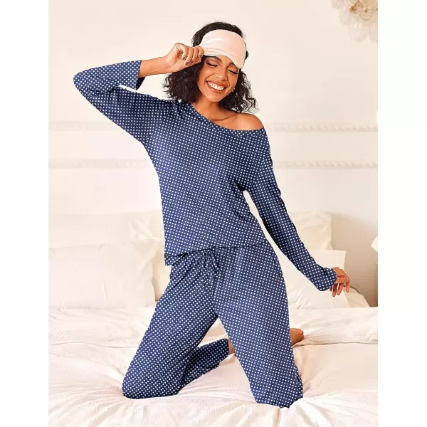 imageEkouaer Womens Pajama Sets 2 Piece Pjs Sleepwear Soft Comfy Loungewear Long Sleeve Pullover Top and Pants SXXLNavy Dots