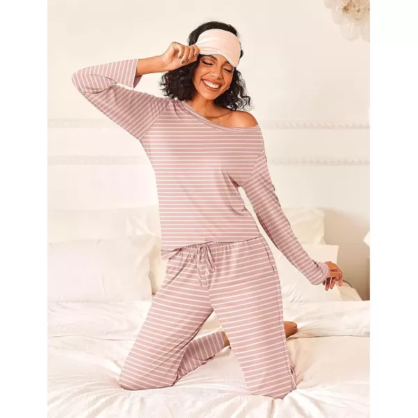 imageEkouaer Womens Pajama Sets 2 Piece Pjs Sleepwear Soft Comfy Loungewear Long Sleeve Pullover Top and Pants SXXLPink Stripe