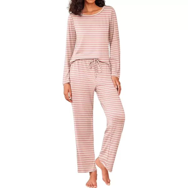 imageEkouaer Womens Pajama Sets 2 Piece Pjs Sleepwear Soft Comfy Loungewear Long Sleeve Pullover Top and Pants SXXLPink Stripe