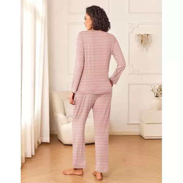 imageEkouaer Womens Pajama Sets 2 Piece Pjs Sleepwear Soft Comfy Loungewear Long Sleeve Pullover Top and Pants SXXLPink Stripe