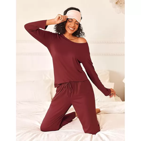 imageEkouaer Womens Pajama Sets 2 Piece Pjs Sleepwear Soft Comfy Loungewear Long Sleeve Pullover Top and Pants SXXLWine Red