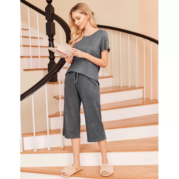 imageEkouaer Womens Pajamas Set Short Sleeve Top With Capri Pants Pjs 2 PIece Lounge ampamp Sleepwear Set SXXLDark Gray