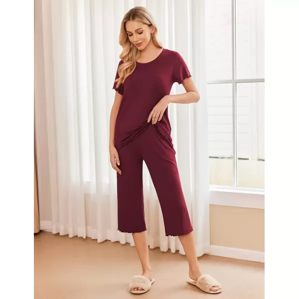 imageEkouaer Womens Pajamas Set Short Sleeve Top With Capri Pants Pjs 2 PIece Lounge ampamp Sleepwear Set SXXLDeep Red