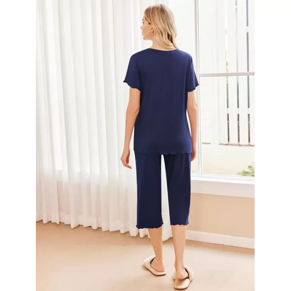 imageEkouaer Womens Pajamas Set Short Sleeve Top With Capri Pants Pjs 2 PIece Lounge ampamp Sleepwear Set SXXLNavy Blue