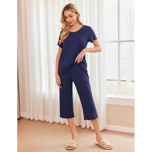 imageEkouaer Womens Pajamas Set Short Sleeve Top With Capri Pants Pjs 2 PIece Lounge ampamp Sleepwear Set SXXLNavy Blue