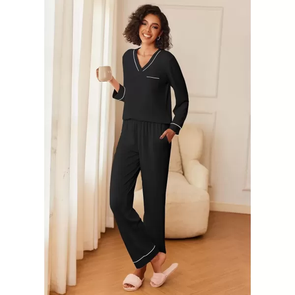 imageEkouaer Womens Pajamas Sets 2 piece PJs V Neck Long Sleeve Sleepwear Comfy Pants Loungewear with PocketBlack