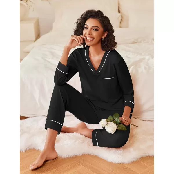 imageEkouaer Womens Pajamas Sets 2 piece PJs V Neck Long Sleeve Sleepwear Comfy Pants Loungewear with PocketBlack