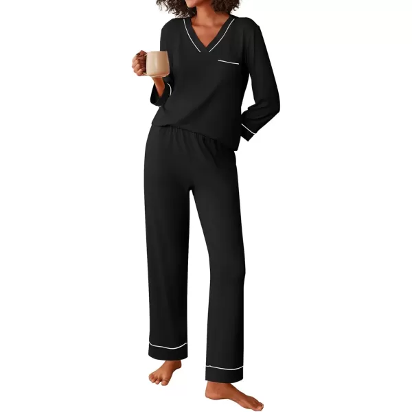 imageEkouaer Womens Pajamas Sets 2 piece PJs V Neck Long Sleeve Sleepwear Comfy Pants Loungewear with PocketBlack