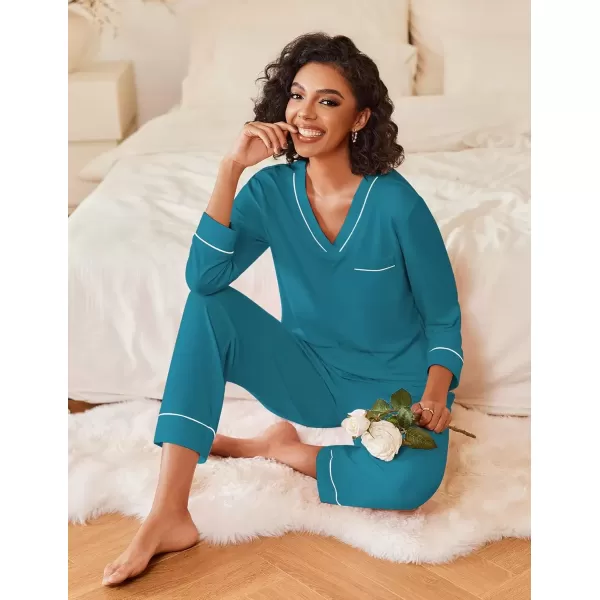 imageEkouaer Womens Pajamas Sets 2 piece PJs V Neck Long Sleeve Sleepwear Comfy Pants Loungewear with PocketBlue Green