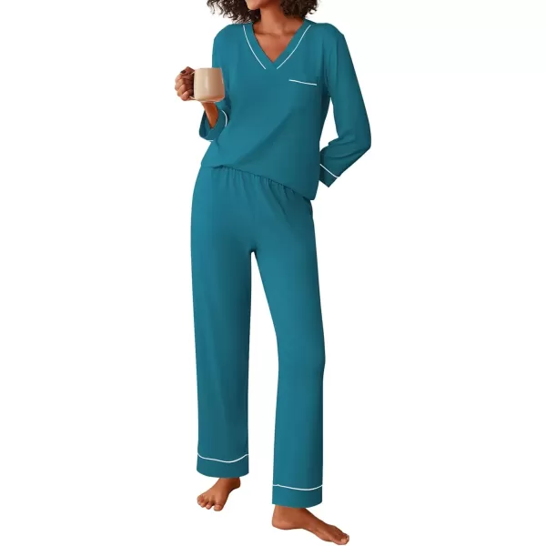 imageEkouaer Womens Pajamas Sets 2 piece PJs V Neck Long Sleeve Sleepwear Comfy Pants Loungewear with PocketBlue Green