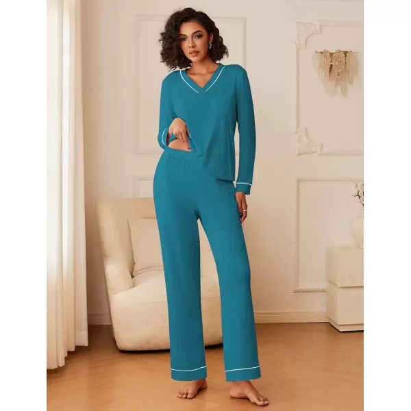 imageEkouaer Womens Pajamas Sets 2 piece PJs V Neck Long Sleeve Sleepwear Comfy Pants Loungewear with PocketBlue Green