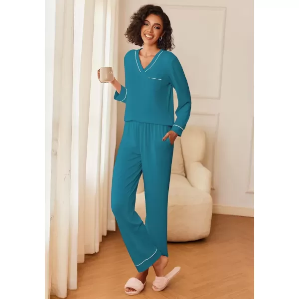 imageEkouaer Womens Pajamas Sets 2 piece PJs V Neck Long Sleeve Sleepwear Comfy Pants Loungewear with PocketBlue Green