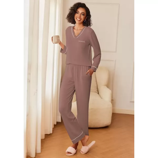 imageEkouaer Womens Pajamas Sets 2 piece PJs V Neck Long Sleeve Sleepwear Comfy Pants Loungewear with PocketBrown