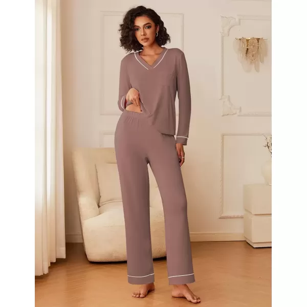 imageEkouaer Womens Pajamas Sets 2 piece PJs V Neck Long Sleeve Sleepwear Comfy Pants Loungewear with PocketBrown