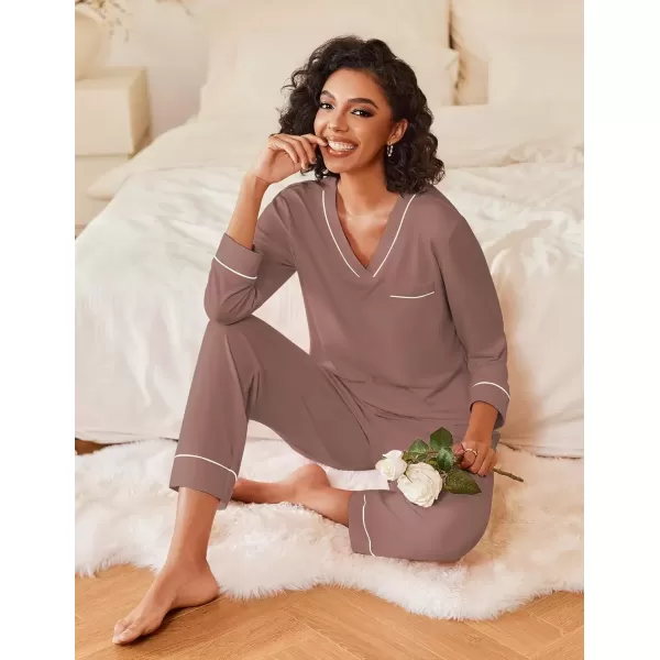 imageEkouaer Womens Pajamas Sets 2 piece PJs V Neck Long Sleeve Sleepwear Comfy Pants Loungewear with PocketBrown