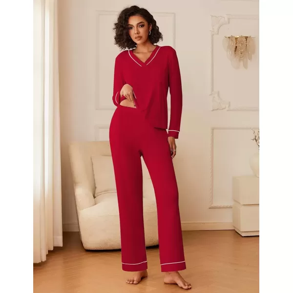 imageEkouaer Womens Pajamas Sets 2 piece PJs V Neck Long Sleeve Sleepwear Comfy Pants Loungewear with PocketDeep Red