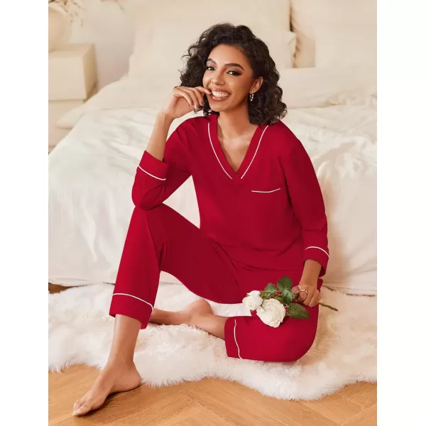 imageEkouaer Womens Pajamas Sets 2 piece PJs V Neck Long Sleeve Sleepwear Comfy Pants Loungewear with PocketDeep Red