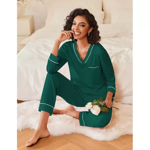 imageEkouaer Womens Pajamas Sets 2 piece PJs V Neck Long Sleeve Sleepwear Comfy Pants Loungewear with PocketLake Green