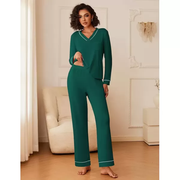 imageEkouaer Womens Pajamas Sets 2 piece PJs V Neck Long Sleeve Sleepwear Comfy Pants Loungewear with PocketLake Green